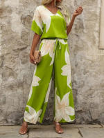 Ropa de mujer nueva europea y americana con cuello en V, estampado digital a rayas, pantalones de bolsillo de manga corta, conjunto de dos piezas - details 7