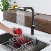 Grifo de cocina con caño de cascada grande, rociador extraíble, montaje en cubierta de un solo mango, mezclador de agua fría y caliente, grúa para fregadero de lavado - details 0