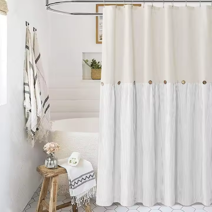 RYB HOME Cortina de Ducha de Lino con Botón Tela Tejida de Algodón Elegantes Rayas Grises Pulidas a Prueba de Agua Estilo Rústico para Baño - 1