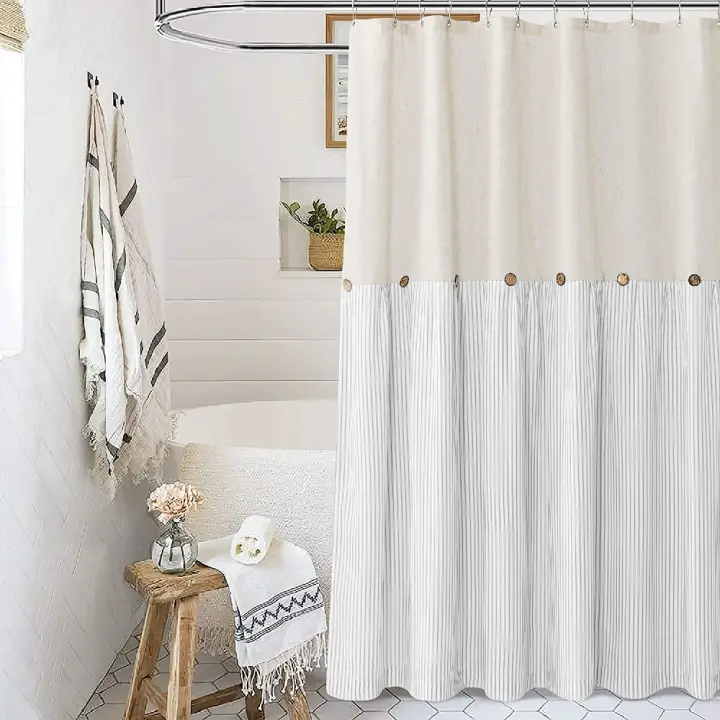 RYB HOME Cortina de Ducha de Lino con Botón Tela Tejida de Algodón Elegantes Rayas Grises Pulidas a Prueba de Agua Estilo Rústico para Baño - 1