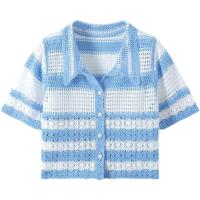 Chaleco de Crochet a Rayas de Moda para Mujer Cuello con Botón, Top Corto de Punto Transparente, Estilo Vintage de Teen Girls Fairycore - details 5