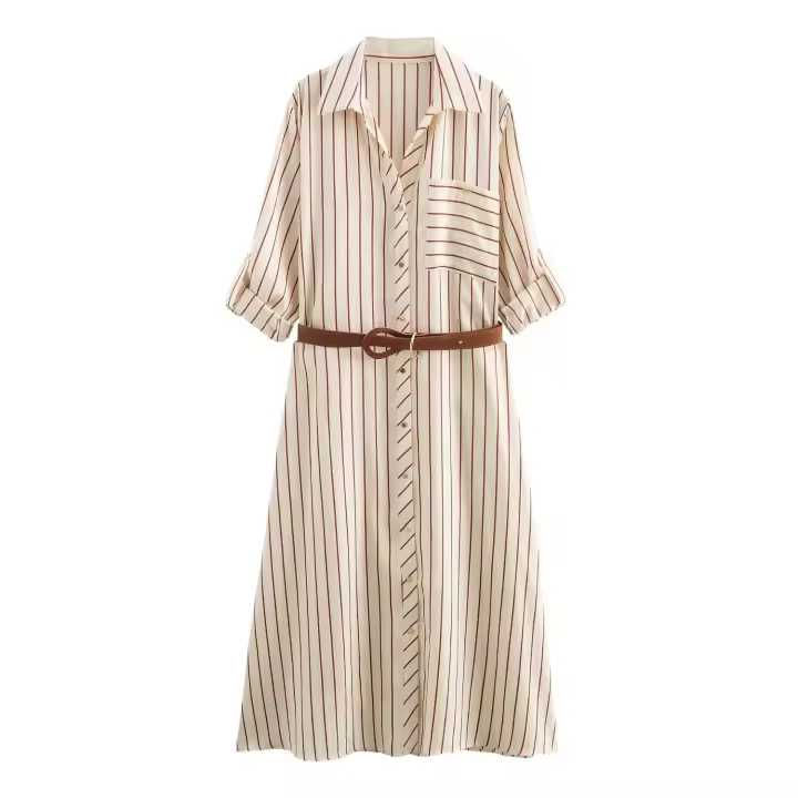 Nueva ropa de mujer europea y americana, con bolsillos de cinturón y vestido midi a rayas 5029068 - 1