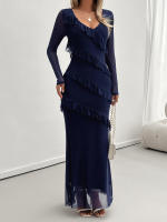 Vestido de malla con cuello en V, elegante y entallado, de manga larga para mujer, otoño invierno - details 17
