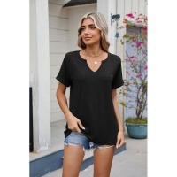 BUNO-2025 Nueva camiseta holgada de manga corta con cuello en V de Color sólido para mujer - details 27