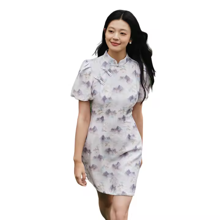 Vestido de Verano 2024 Estampado de Tinta de Semir Mangas de Burbuja Botonado Moda para Mujeres - 1