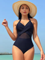 Elegante Traje de Baño Monokini de Colores Sólidos Cuello Halter para Mujeres Malla de Parche - details 7