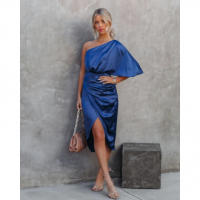 Elegante Vestido de Satén Sin Espalda Hasta el Hombro Desigualado, Vestido de Cóctel con Cremallera - details 7
