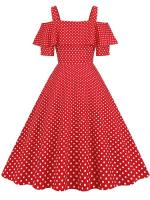 Vestido de fiesta Vintage elegante con hombros descubiertos, vestidos Midi de línea A con volantes y lunares de verano para mujer - details 27