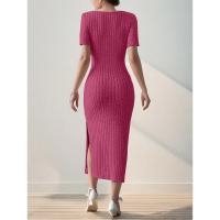 Cuello cuadrado de verano, falda de longitud media que abraza la cadera, manga corta, vestido con abertura de punto versátil - details 6