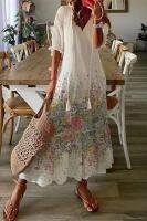 Vestido largo bohemio de verano para mujer, vestidos Vintage con estampado ral y manga con cuello en V, vestido de playa holgado informal con cordón para mujer - details 15