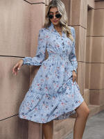 Vestido de manga larga de primavera para mujer, estampado elegante, cuello en V, informal, línea A, hasta la rodilla, cintura alta - details 7