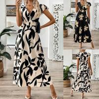 Vestido con borde de volantes y cuello en V estampado a la moda de verano 2025 para mujer - details 0