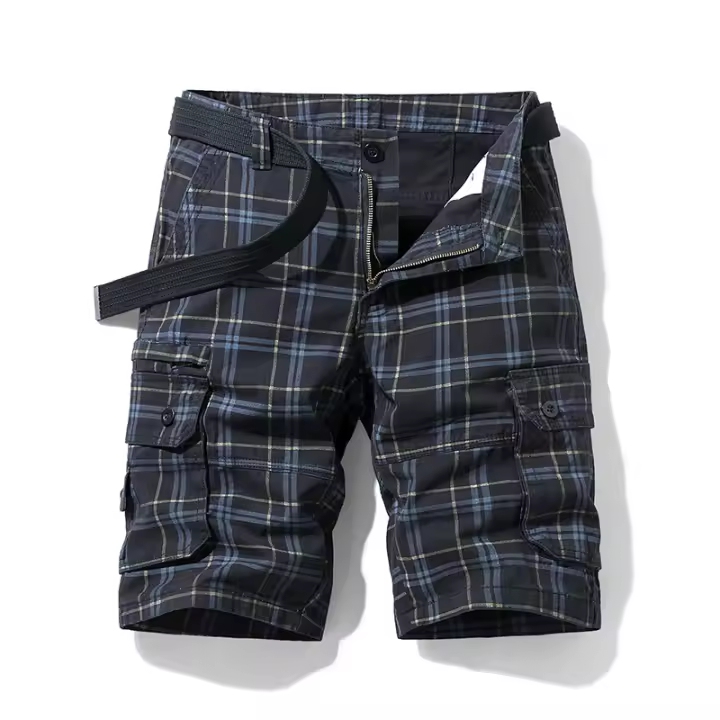 Pantalones Cortos de Verano de Algodón para Hombres Ropa de Trabajo Casual Deportiva con Cinco Minutos Estilo Sencillo Pantalones de Cuadrícula Adelgazados con Múltiples Bolsillos - 1