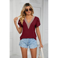 BUNO-2025 Camiseta holgada de manga corta con cuello en V para mujer, Top informal de encaje de Color puro, camiseta holgada cómoda y transpirable para verano - details 35