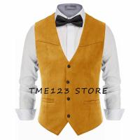 Chaleco de traje de cuero de gamuza para hombre, chaleco informal occidental con cuello en V, solapa con botones a presión, chaqueta sin mangas - details 20
