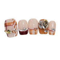 10pcs Uñas Postizas De Plisado Marrón Hechas a Mano Cortas Cuadradas Con Diamantes Brillantes Estilo Francesa Para Otoño Diseño De Uñas Press on - details 2