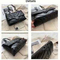 Bolso bandolera acolchado vintage para mujer - Bolso de hombro de gran capacidad con correa de cadena desmontable, cierre de botón elegante y forro de poliéster, perfecto para la playa, uso diario y salidas informales |   Textura acolchada negra de estilo - details 2