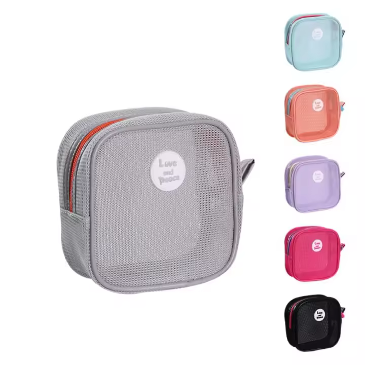 Bolsa de maquillaje de malla cuadrada portátil, bolsa de cosméticos transparente con cremallera visible, monedero, bolsa para auriculares, bolsa de almacenamiento de artículos de tocador para mujer - 1