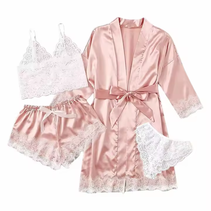 Conjunto de Dormir de Seda para Mujeres de 4 Piezas Camisola Estampada, Shorts de Satén, Bata Larga - 1
