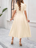 Primavera Verano elegante cintura con cuello en V Color sólido vestido de manga corta moda mujer - details 23