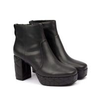 Botas de tobillo de mujer de cuero de costura con plataforma con cremallera y cabeza cuadrada cómoda con logotipo - details 0