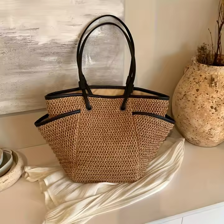 Bolso de mano de paja elegante para mujer: bolso de hombro convertible grande con cierre de cremallera y estilo minimalista beige y negro para la playa, camping, desplazamientos y viajes - 1