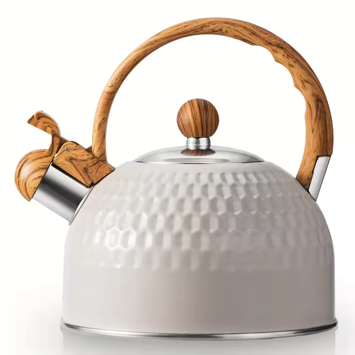 Tetera de Acero Inoxidable Diseño Ergonómico de Mango de Madera Patrón de Diamantes Martillados - 1