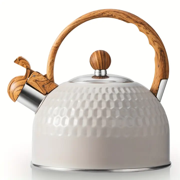 Tetera de Acero Inoxidable Diseño Ergonómico de Mango de Madera Patrón de Diamantes Martillados - 1