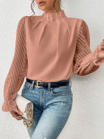 Jersey elegante de Cuello medio alto para mujer, de Color sólido Camisa de gasa, blusa de manga larga con volantes ondulados, Tops sueltos informales para mujer, novedad - details 16