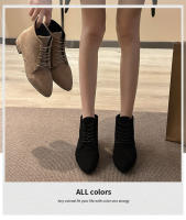 Botas de mujer Otoño e Invierno botas cortas de estilo británico Color sólido gamuza puntiagudas con cordones tacón grueso botas de gran tamaño - details 0