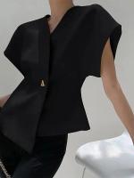 Camisa elegante de manga corta para mujer, Tops ajustados con cuello en V Irregular, botones sólidos, temperamento informal - details 6