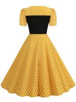 Women summer casual polka dot print short sleeve a line party vintage elegant midi dress - details 15