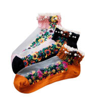 Calcetines Lolita bonitos de malla con perlas para mujer, medias de primavera, calcetines cortos, calcetines con flores bordadas - details 7