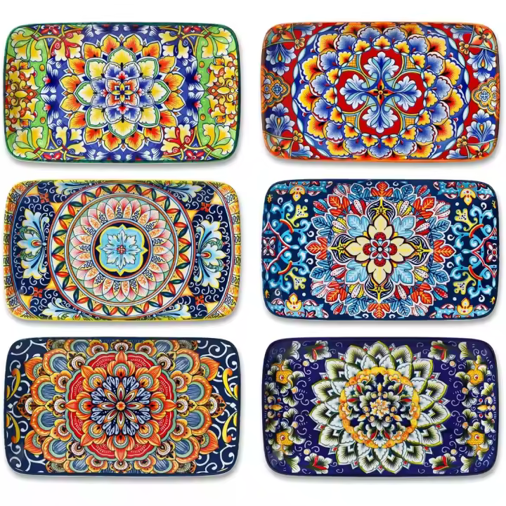 Juego de Platos de Cocina Coloridos Bohemios 22x13x2.3 cm Ideal para Aperitivos, Sushi, Ensaladas, Postres Apto para Microondas, Horno, Lavavajillas - 1