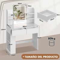 Tocador de Maquillaje con Luces LED, Brillo Ajustable, Mesa de Maquillaje con Espejo, con 2 Cajones Grandes y 4 Estantes Abiertos y Taquilla Lateral, Moderno, 90x40x135cm, Blanco - details 2