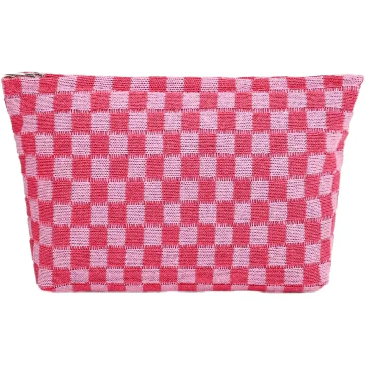 Bolsa de maquillaje de punto a cuadros para mujer, bolso de mano de diseño estético, estuche para lápices - 1