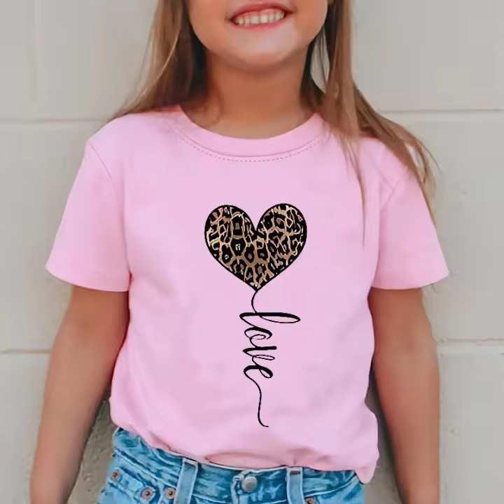 Camiseta de Cuello Redondo con Estampado de Leopardo Amor Ropa Informal de Verano para Niñas - 1