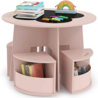 Juego de mesa y sillas para niños de 5 piezas, tablero de pizarra para escribir, mesa redonda apilable infantil con 4 taburetes de almacenamiento para actividades, arte, lectura (rosa) - details 0