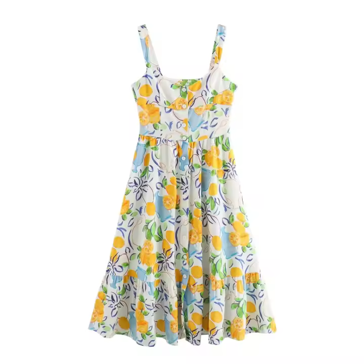 TRAFZA Midi-vestido sin mangas con estampado de frutas para Mujer, elegante vestido informal con dobladillo y Espalda descubierta, moda de verano - 1