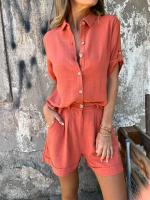 Conjunto casual de verano 2024 TEMU de algodón y lino con pantalones cortos y manga corta para mujer - details 6