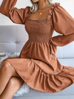 Vestido elegante de manga larga para mujer, falda de cuello cuadrado, de Color sólido vestido de volantes, moda de primavera y otoño - details 11