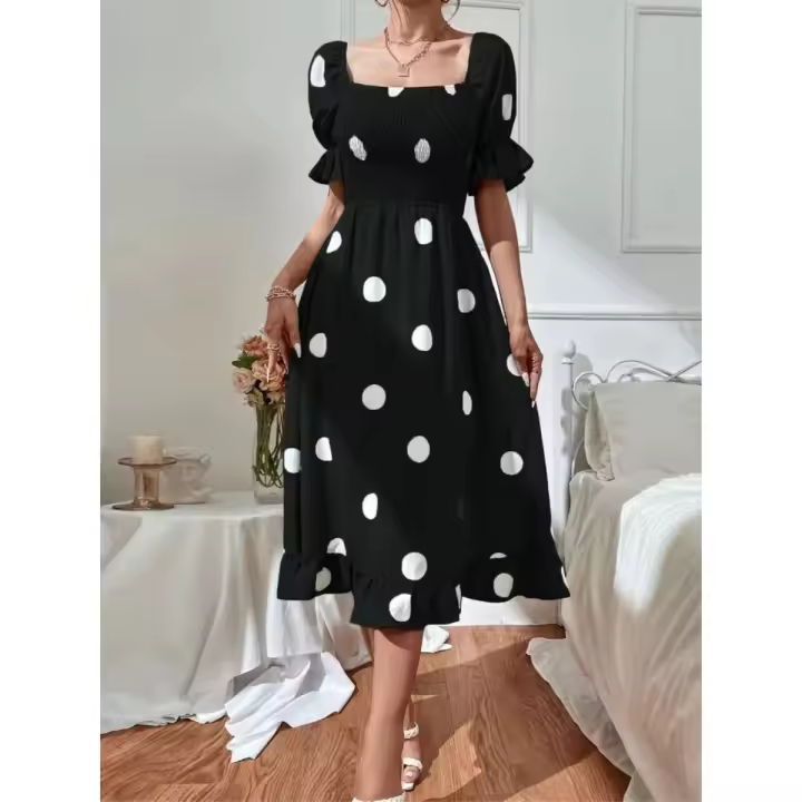 NOVEDAD DE VERANO 2025 vestido de manga corta con volantes y cuello redondo de lunares para mujer - 1