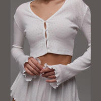 BUNO-Conjunto informal de 2 piezas de gato extraño para mujer, Tops cortos de manga larga con una botonadura y volantes, Mini traje corto sencillo y fino, tendencia de otoño - details 3