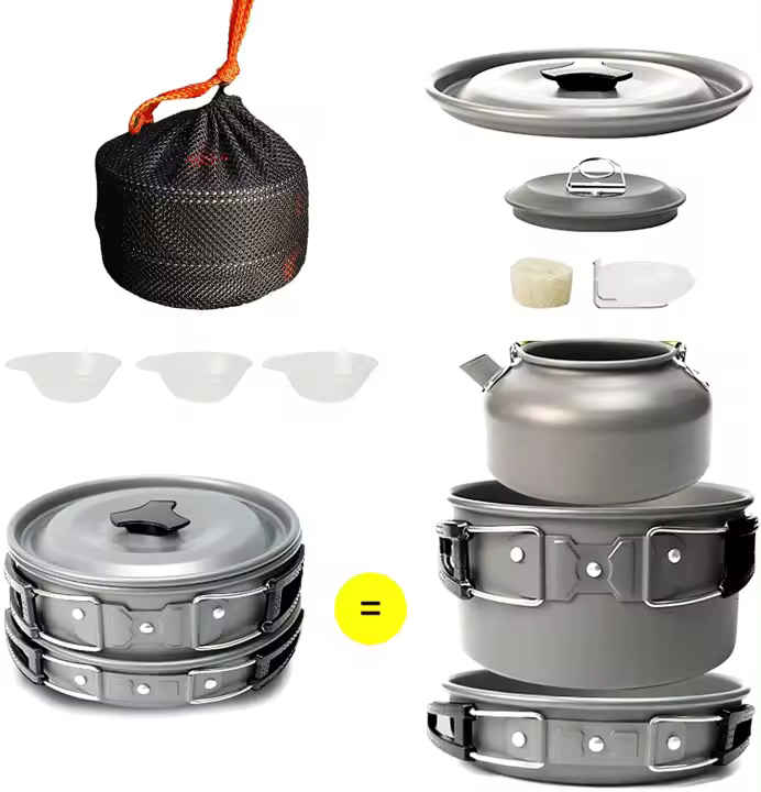 Juego de utensilios de cocina de aluminio para acampar al aire libre, tetera plegable para acampar y sartenes, equipo con bolsa de malla - 1
