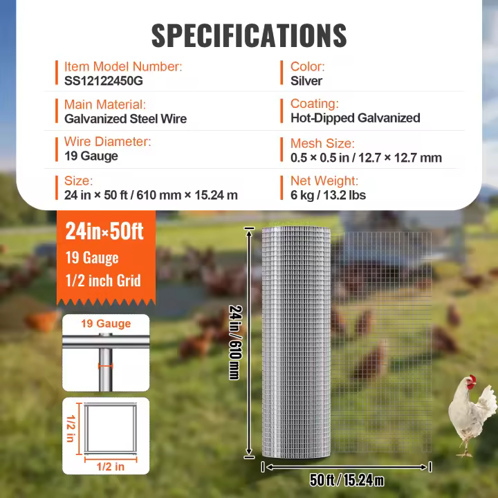 SucceBuy Rollo de malla de alambre galvanizado en caliente de calibre 19 para cercas de pollos, jaulas de conejos, jardín, roedores pequeños, alambre duradero, 1/2 pulgada, 24 pulgadas x 100 pies - 1