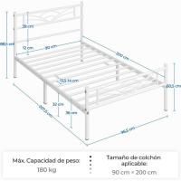 Cama Individual con Espacio Bajo Marco Metal Altura 32 cm Cama Individual con Cabecera para Colchón de 90 x 190 cm Blanco - details 10