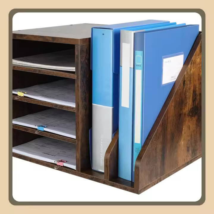 6 Compartimentos Madera A4 Bandeja Archivo Organizador Escritorio Soporte Documentos Clasificador Oficina Almacenamiento Papeles Estante Folios,Marrón - 1