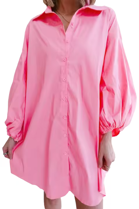 Elrachen Mini vestido camisero para mujer con mangas globo, rosa brillante, tallas S-XL - 1