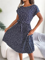 Spring Summer Women Short Sleeve Pleated Long Dress Elegant High Waist Floral Fashion A-line Dress - details 16