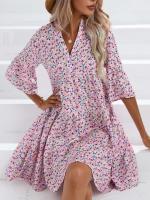 Vestido corto informal con estampado Floral para mujer, minivestido bohemio con manga de loto y cuello en V, color rosa - details 3